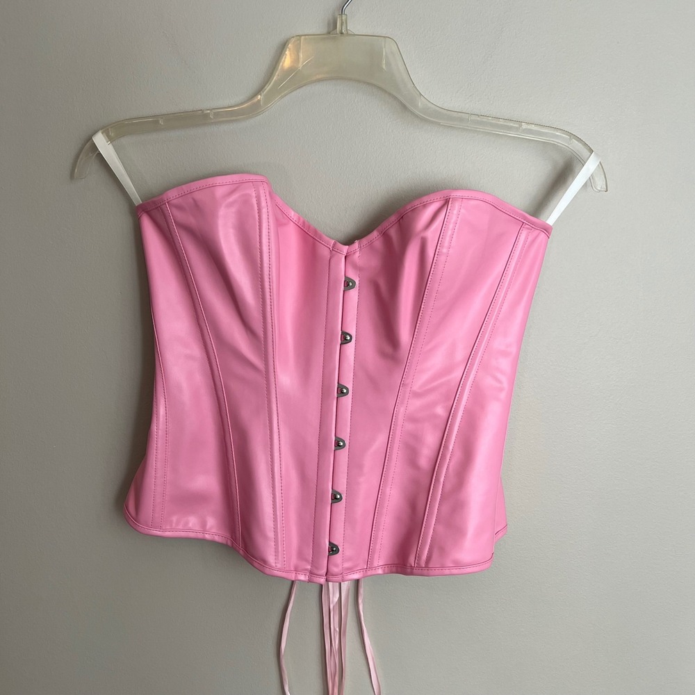 Pink Faux Leather Corset Top Strapless Lace Up Boned Bustier Renaissance Cosplay
